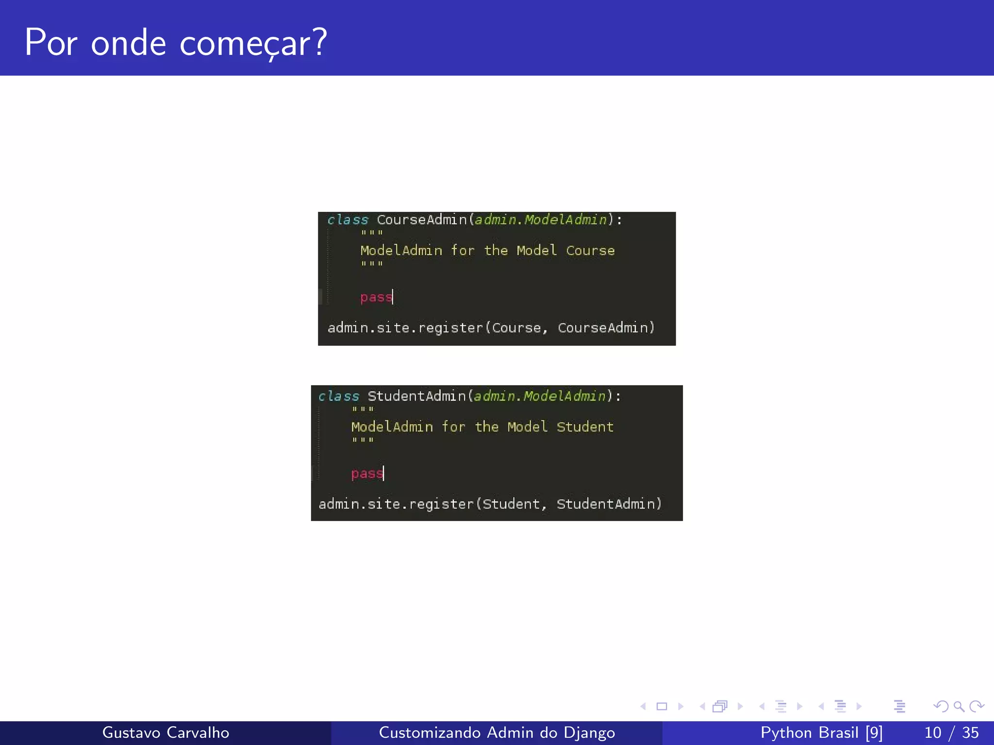 Por onde come¸car?
Gustavo Carvalho Customizando Admin do Django Python Brasil [9] 10 / 35
 