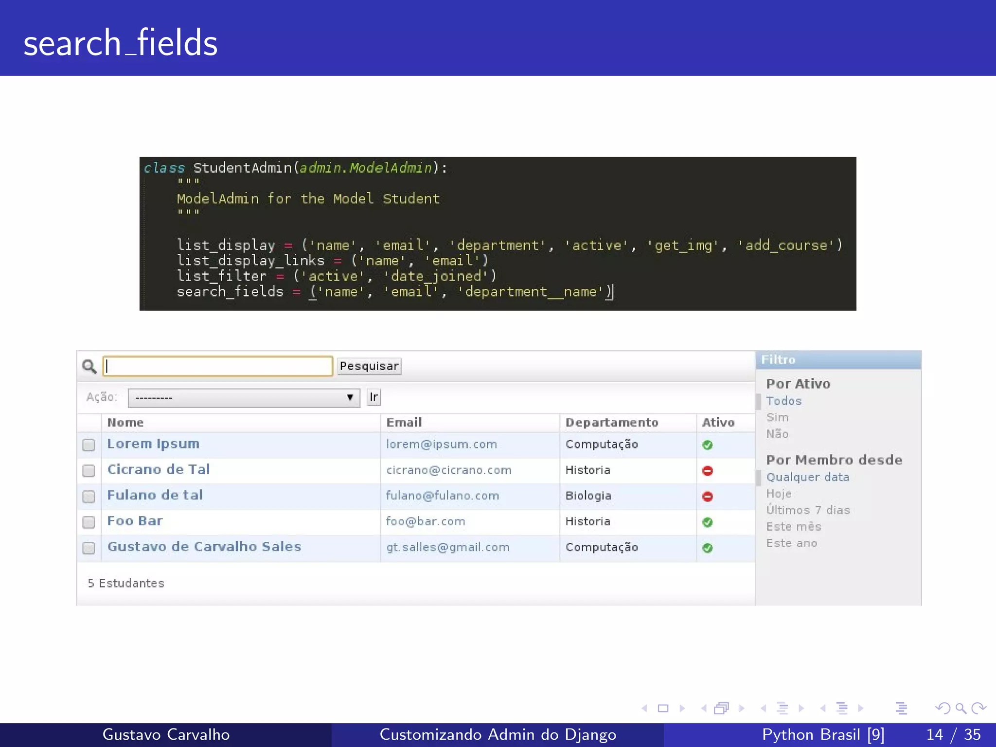 search ﬁelds
Gustavo Carvalho Customizando Admin do Django Python Brasil [9] 14 / 35
 