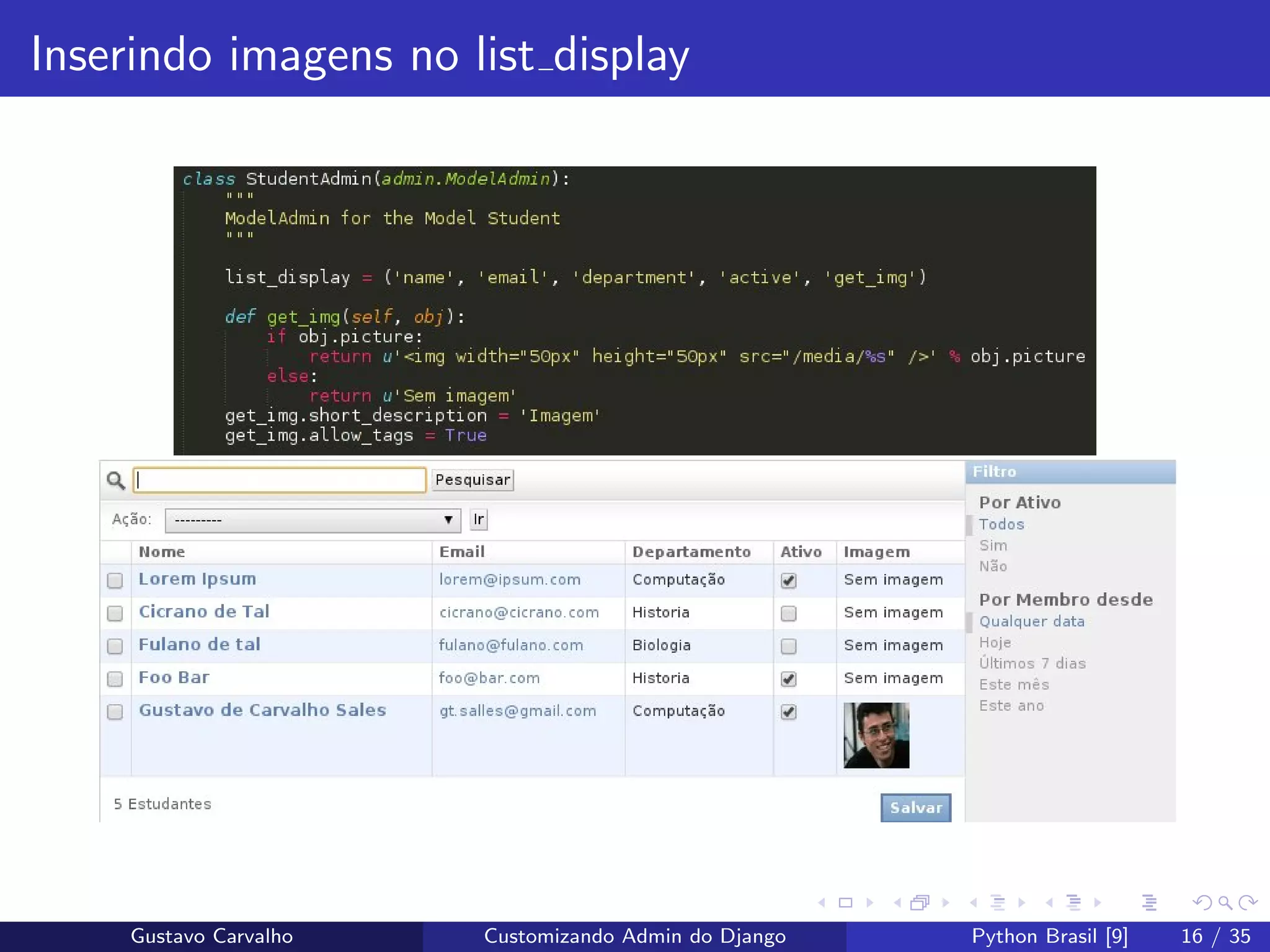 Inserindo imagens no list display
Gustavo Carvalho Customizando Admin do Django Python Brasil [9] 16 / 35
 
