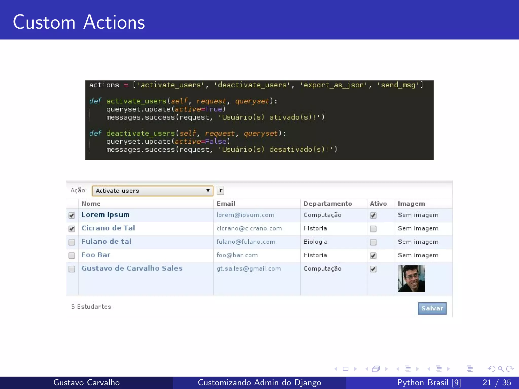 Custom Actions
Gustavo Carvalho Customizando Admin do Django Python Brasil [9] 21 / 35
 