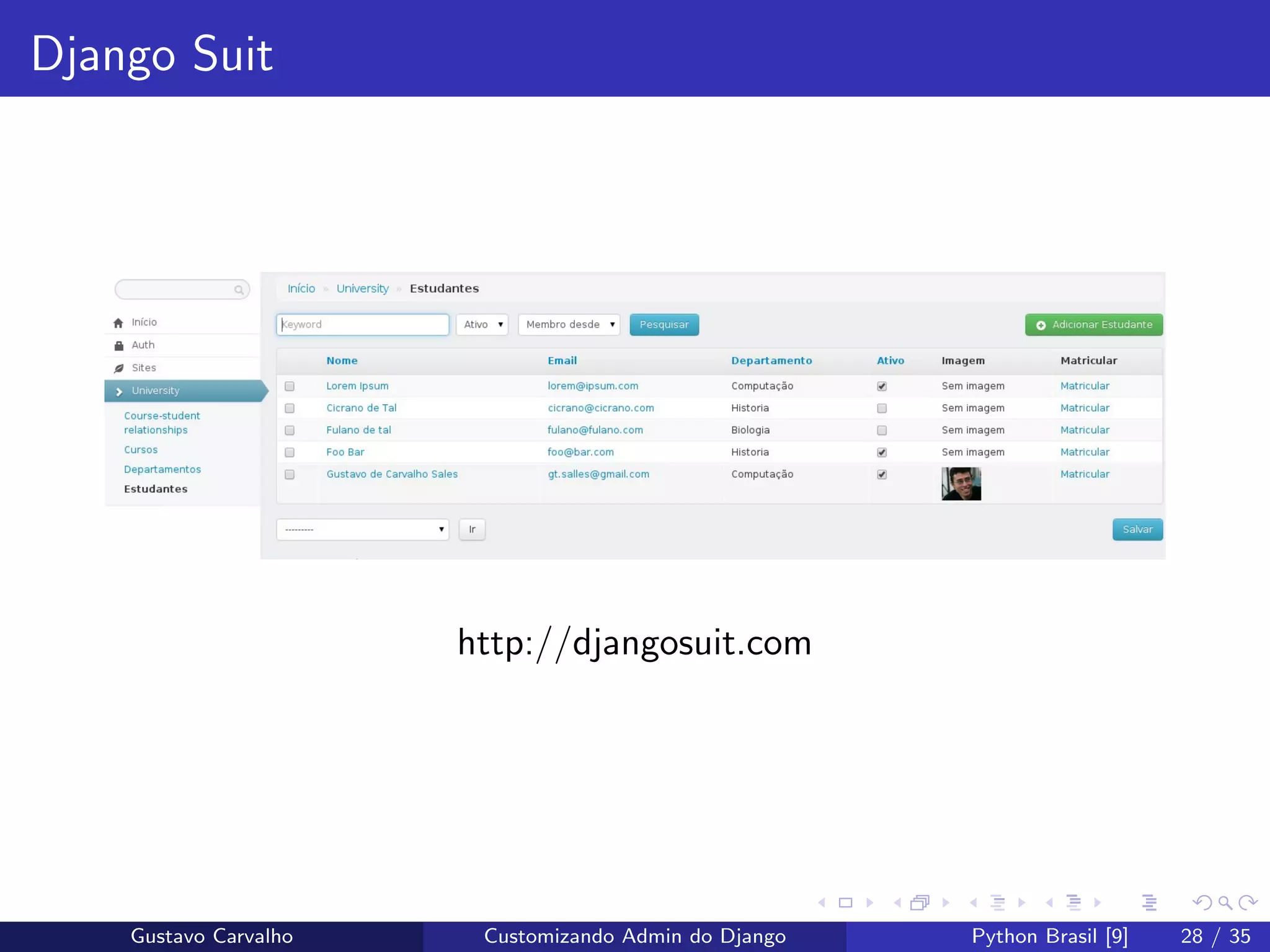 Django Suit
http://djangosuit.com
Gustavo Carvalho Customizando Admin do Django Python Brasil [9] 28 / 35
 