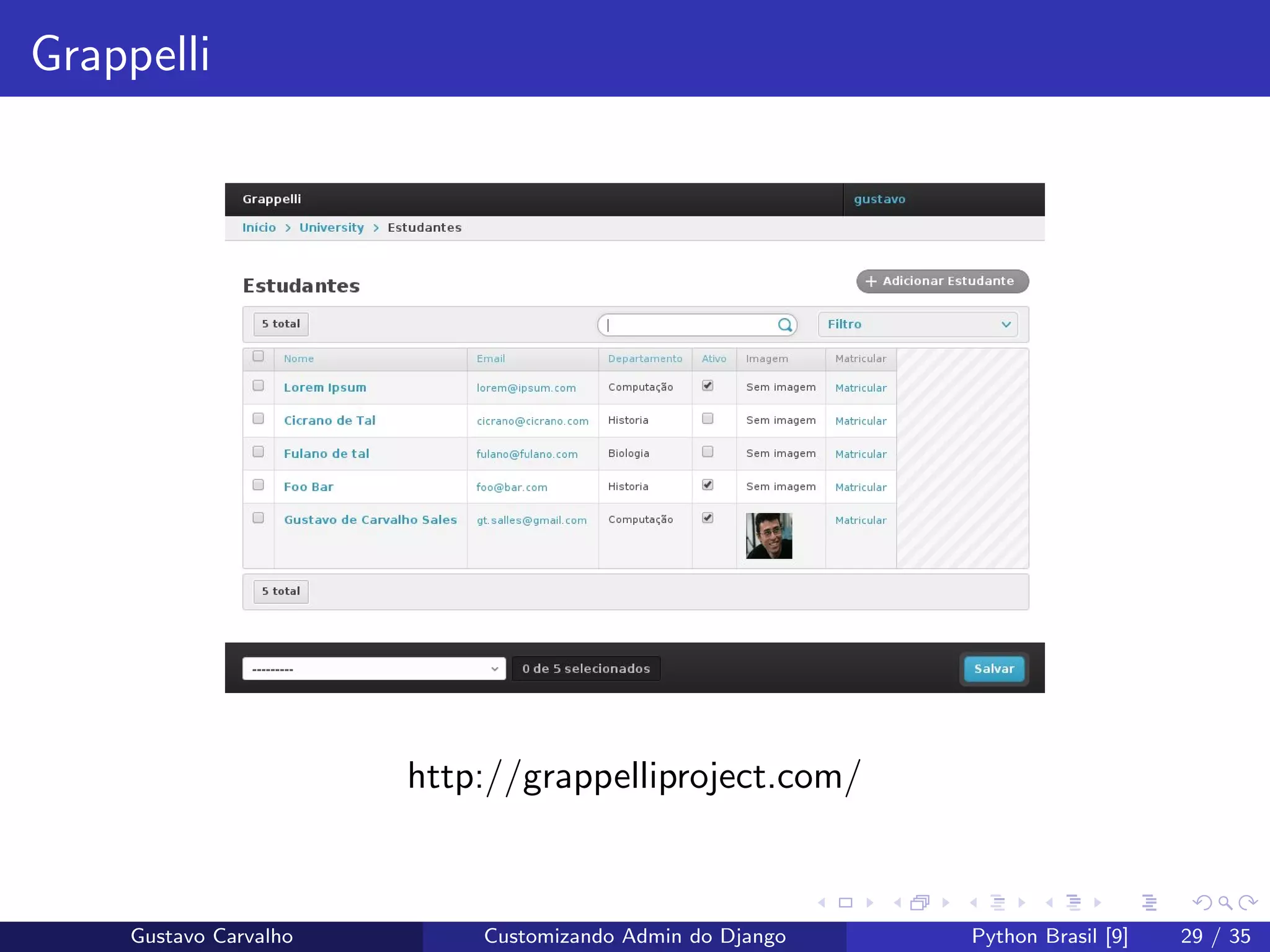 Grappelli
http://grappelliproject.com/
Gustavo Carvalho Customizando Admin do Django Python Brasil [9] 29 / 35
 