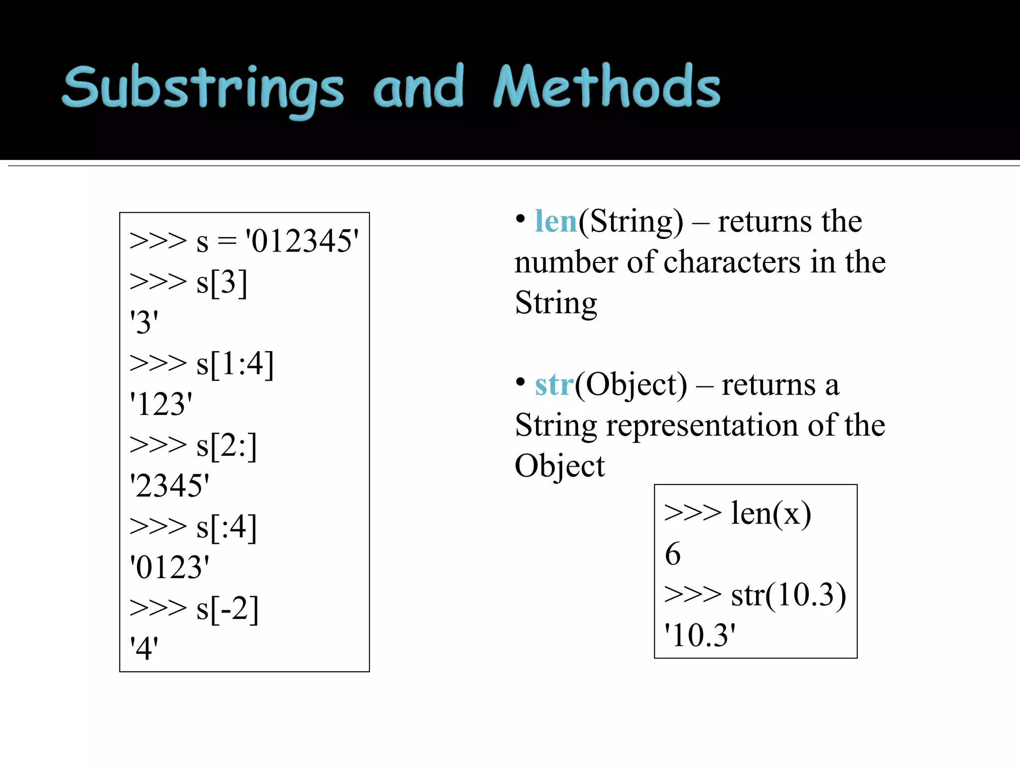 >>> s = '012345'
>>> s[3]
'3'
>>> s[1:4]
'123'
>>> s[2:]
'2345'
>>> s[:4]
'0123'
>>> s[-2]
'4'

• len(String) – returns the
number of characters in the
String
• str(Object) – returns a
String representation of the
Object
>>> len(x)
6
>>> str(10.3)
'10.3'

 