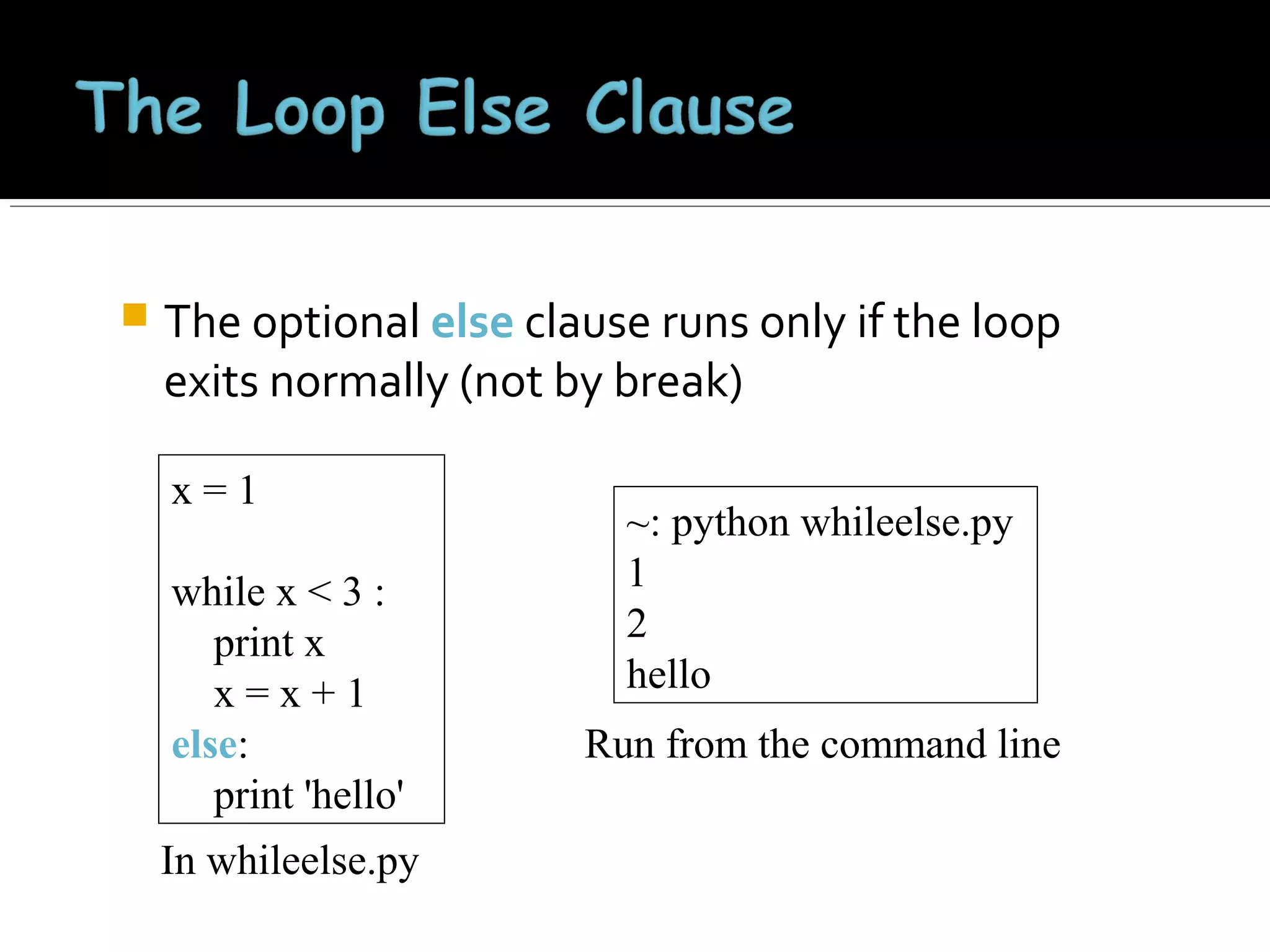 

The optional else clause runs only if the loop
exits normally (not by break)
x=1
while x < 3 :
print x
x=x+1
else:
print 'hello'
In whileelse.py

~: python whileelse.py
1
2
hello
Run from the command line

 