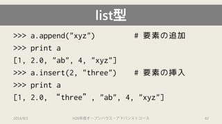 >>> a.append("xyz") # 要素の追加 
>>> print a 
[1, 2.0, "ab", 4, "xyz"] 
>>> a.insert(2, "three") # 要素の挿入 
>>> print a 
[1, 2.0, “three”, "ab", 4, "xyz"] 
list型 
2014/9/1 H26年度オープンハウス・アドバンストコース 42 
 