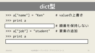dict型 
>>> a["name"] = "Ken" # valueの上書き 
>>> print a 
{"age": 20, "name": "Ken"} # 順番を保持しない 
>>> a["job"] = "student" # 要素の追加 
>>>print a 
{"job": "student", "age": 20, "name": "Ken"} 
2014/9/1 H26年度オープンハウス・アドバンストコース 70 
 