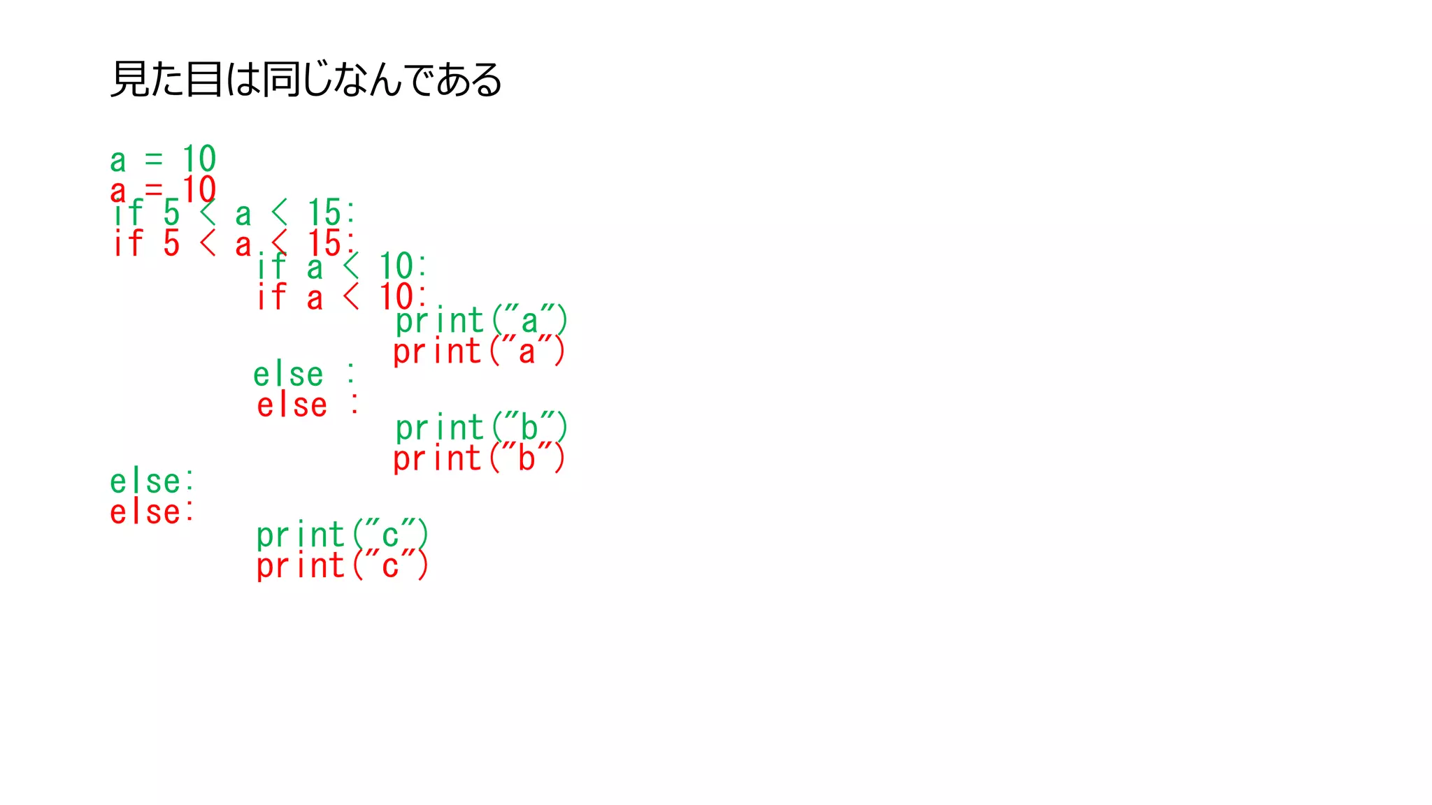 見た目は同じなんである
a = 10
if 5 < a < 15:
if a < 10:
print("a")
else :
print("b")
else:
print("c")
a = 10
if 5 < a < 15:
if a < 10:
print("a")
else :
print("b")
else:
print("c")
 