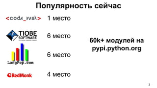 Популярность сейчас
6 место
6 место
4 место
1 место
60k+ модулей на
pypi.python.org
3
 