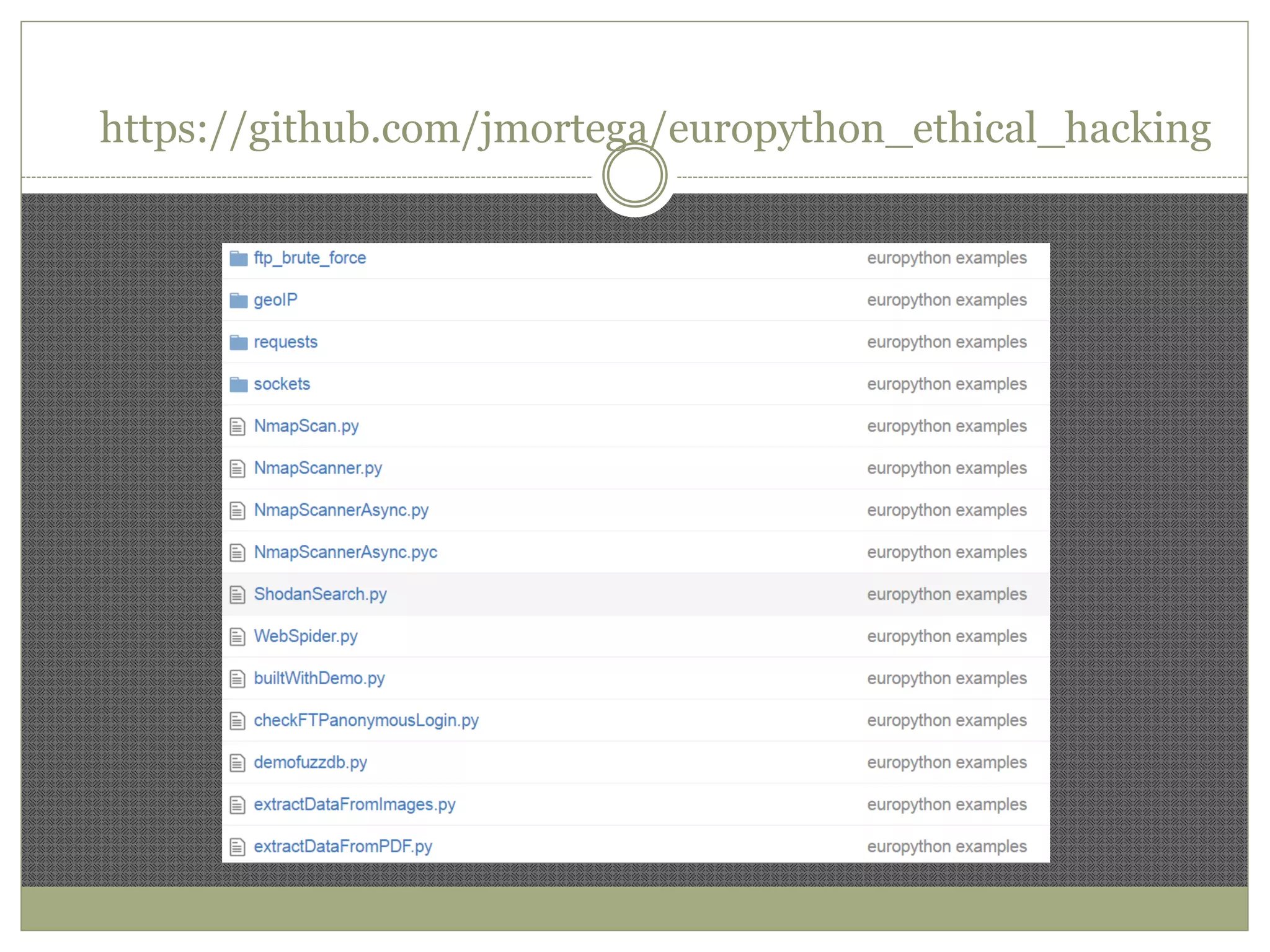 https://github.com/jmortega/europython_ethical_hacking
 