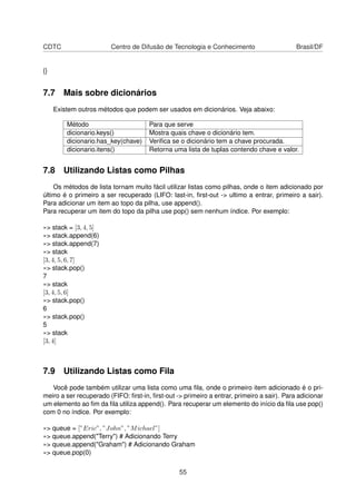 CDTC Centro de Difusão de Tecnologia e Conhecimento Brasil/DF
{}
7.7 Mais sobre dicionários
Existem outros métodos que podem ser usados em dicionários. Veja abaixo:
Método Para que serve
dicionario.keys() Mostra quais chave o dicionário tem.
dicionario.has_key(chave) Veriﬁca se o dicionário tem a chave procurada.
dicionario.itens() Retorna uma lista de tuplas contendo chave e valor.
7.8 Utilizando Listas como Pilhas
Os métodos de lista tornam muito fácil utilizar listas como pilhas, onde o item adicionado por
último é o primeiro a ser recuperado (LIFO: last-in, ﬁrst-out -> ultimo a entrar, primeiro a sair).
Para adicionar um item ao topo da pilha, use append().
Para recuperar um item do topo da pilha use pop() sem nenhum índice. Por exemplo:
»> stack = [3, 4, 5]
»> stack.append(6)
»> stack.append(7)
»> stack
[3, 4, 5, 6, 7]
»> stack.pop()
7
»> stack
[3, 4, 5, 6]
»> stack.pop()
6
»> stack.pop()
5
»> stack
[3, 4]
7.9 Utilizando Listas como Fila
Você pode também utilizar uma lista como uma ﬁla, onde o primeiro item adicionado é o pri-
meiro a ser recuperado (FIFO: ﬁrst-in, ﬁrst-out -> primeiro a entrar, primeiro a sair). Para adicionar
um elemento ao ﬁm da ﬁla utiliza append(). Para recuperar um elemento do início da ﬁla use pop()
com 0 no índice. Por exemplo:
»> queue = [”Eric”, ”John”, ”Michael”]
»> queue.append("Terry") # Adicionando Terry
»> queue.append("Graham") # Adicionando Graham
»> queue.pop(0)
55
 