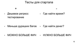 Тесты для стартапа
- Дешевое регресс
тестирование
- Меньше дурацких багов
- МОЖНО БОЛЬШЕ ФИЧ
- Где найти время?
- Где найти денег?
- НУЖНО БОЛЬШЕ ФИЧ
+ -
18
 
