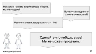 Команда маркетинга
Мы хотим нагнать дофигилиард юзеров,
мы не упадем?
Мы опять упали, программисты - *?№!
Почему так медленно
данные считаются?!
Сделайте что-нибудь, емае!
Мы не можем продавать.
21
 