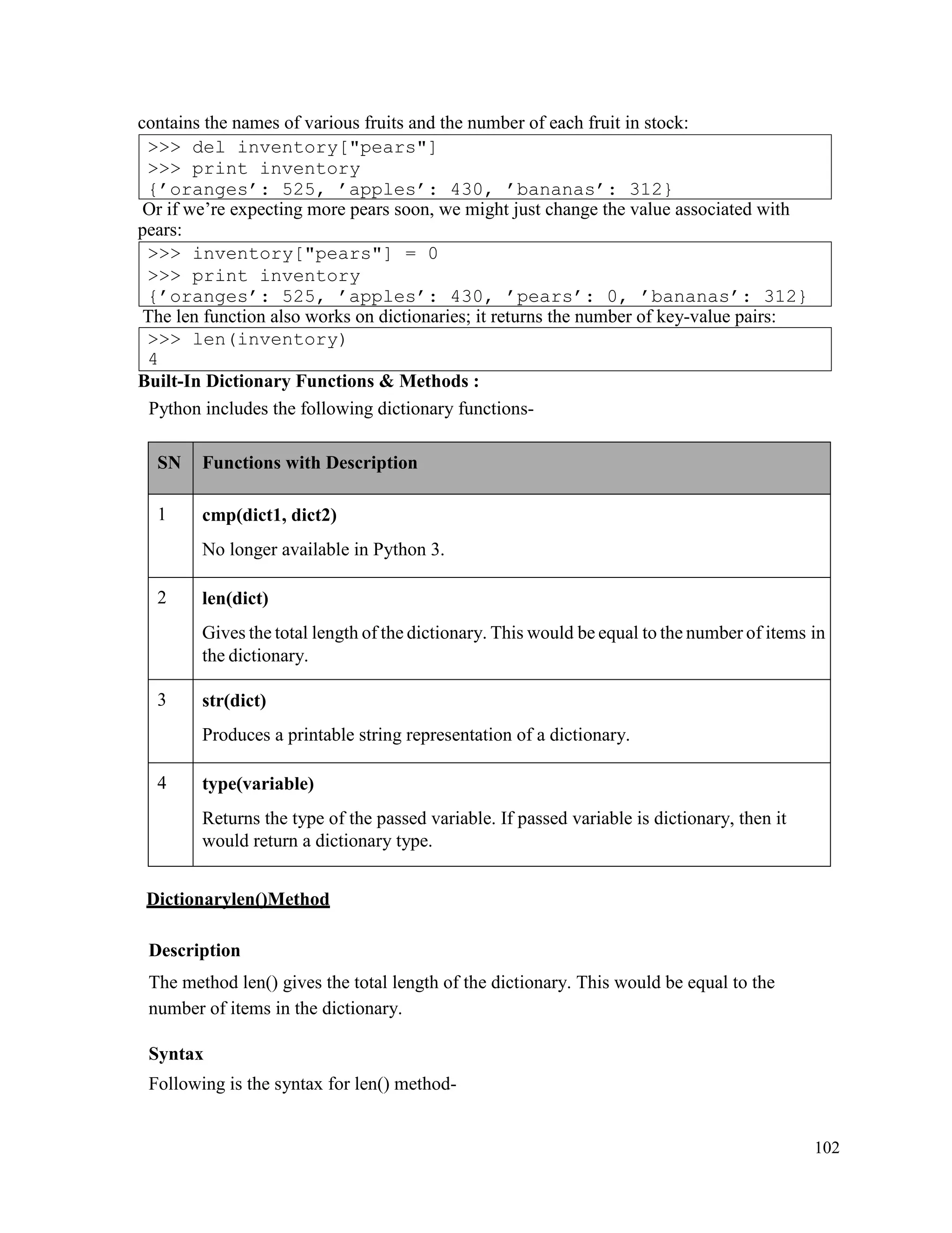 102
contains the names of various fruits and the number of each fruit in stock:
Or if we’re expecting more pears soon, we might just change the value associated with
pears:
The len function also works on dictionaries; it returns the number of key-value pairs:
Built-In Dictionary Functions & Methods :
Python includes the following dictionary functions-
SN Functions with Description
1 cmp(dict1, dict2)
No longer available in Python 3.
2 len(dict)
Gives the total length of the dictionary. This would be equal to the number of items in
the dictionary.
3 str(dict)
Produces a printable string representation of a dictionary.
4 type(variable)
Returns the type of the passed variable. If passed variable is dictionary, then it
would return a dictionary type.
Dictionarylen()Method
Description
The method len() gives the total length of the dictionary. This would be equal to the
number of items in the dictionary.
Syntax
Following is the syntax for len() method-
>>> len(inventory)
4
>>> inventory["pears"] = 0
>>> print inventory
{’oranges’: 525, ’apples’: 430, ’pears’: 0, ’bananas’: 312}
>>> del inventory["pears"]
>>> print inventory
{’oranges’: 525, ’apples’: 430, ’bananas’: 312}
 