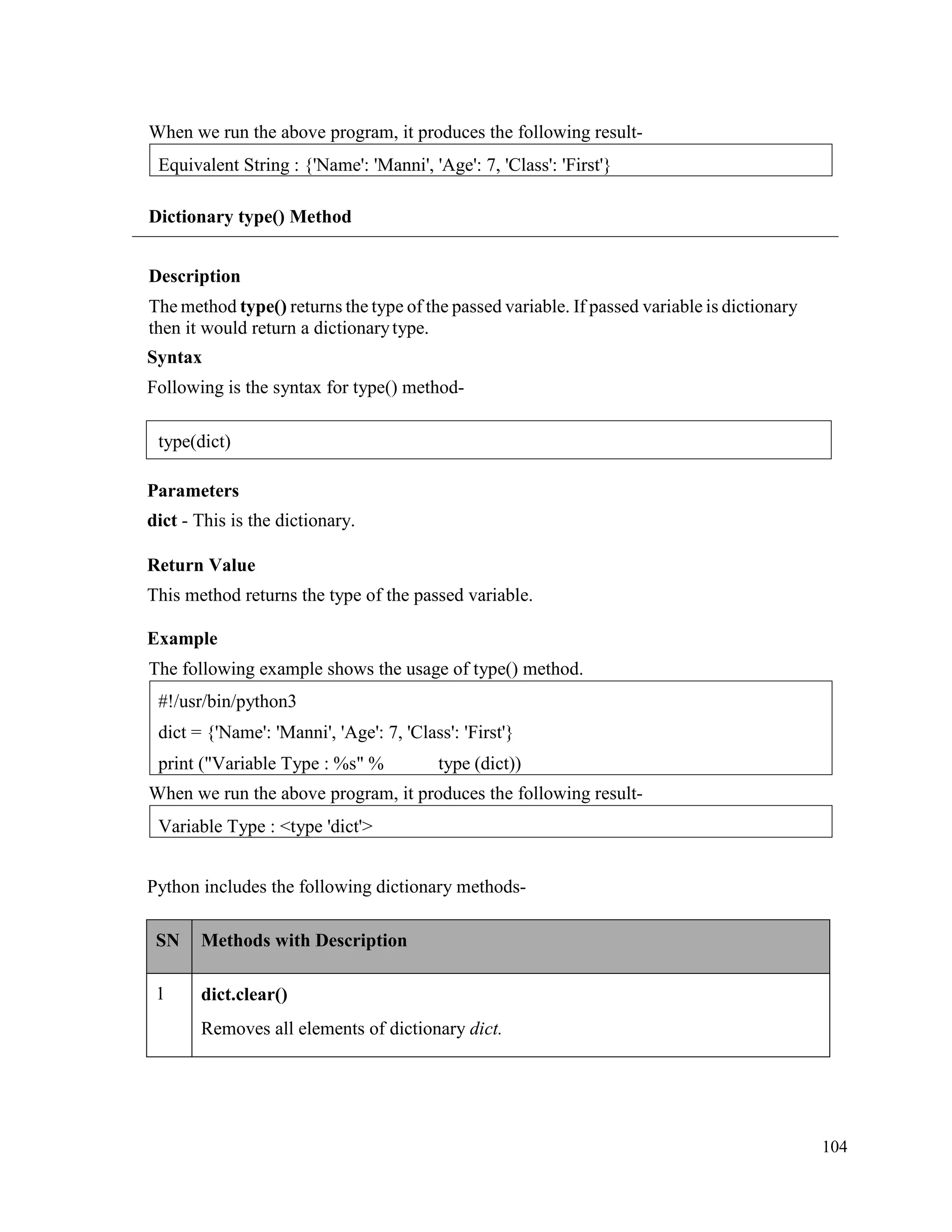 104
When we run the above program, it produces the following result-
Dictionary type() Method
Description
The method type() returns the type of the passed variable. If passed variable is dictionary
then it would return a dictionarytype.
Syntax
Following is the syntax for type() method-
Parameters
dict - This is the dictionary.
Return Value
This method returns the type of the passed variable.
Example
The following example shows the usage of type() method.
When we run the above program, it produces the following result-
Python includes the following dictionary methods-
SN Methods with Description
1 dict.clear()
Removes all elements of dictionary dict.
Variable Type : <type 'dict'>
#!/usr/bin/python3
dict = {'Name': 'Manni', 'Age': 7, 'Class': 'First'}
print ("Variable Type : %s" % type (dict))
Equivalent String : {'Name': 'Manni', 'Age': 7, 'Class': 'First'}
type(dict)
 