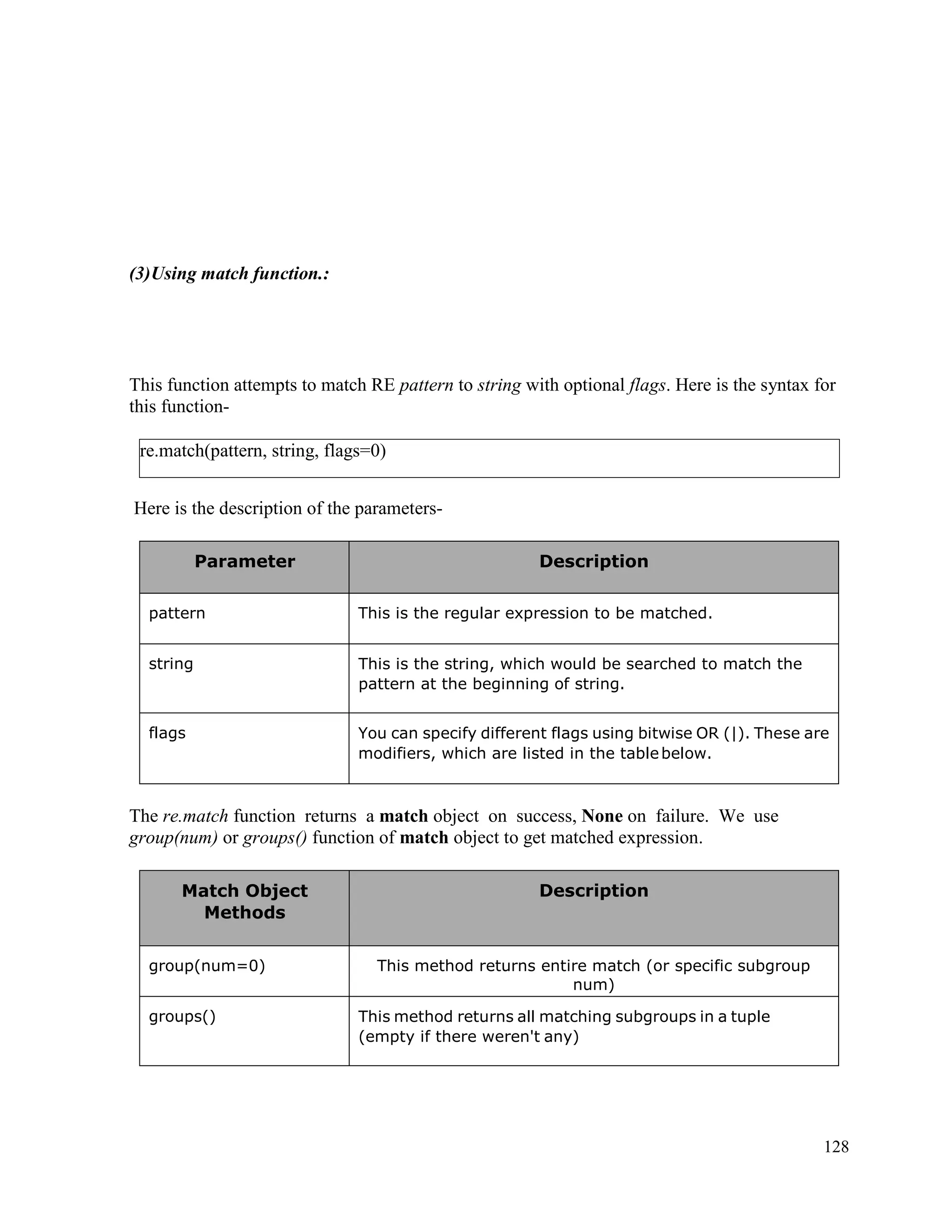 128
(3)Using match function.:
This function attempts to match RE pattern to string with optional flags. Here is the syntax for
this function-
Here is the description of the parameters-
Parameter Description
pattern This is the regular expression to be matched.
string This is the string, which would be searched to match the
pattern at the beginning of string.
flags You can specify different flags using bitwise OR (|). These are
modifiers, which are listed in the tablebelow.
The re.match function returns a match object on success, None on failure. We use
group(num) or groups() function of match object to get matched expression.
Match Object
Methods
Description
group(num=0) This method returns entire match (or specific subgroup
num)
groups() This method returns all matching subgroups in a tuple
(empty if there weren't any)
re.match(pattern, string, flags=0)
 