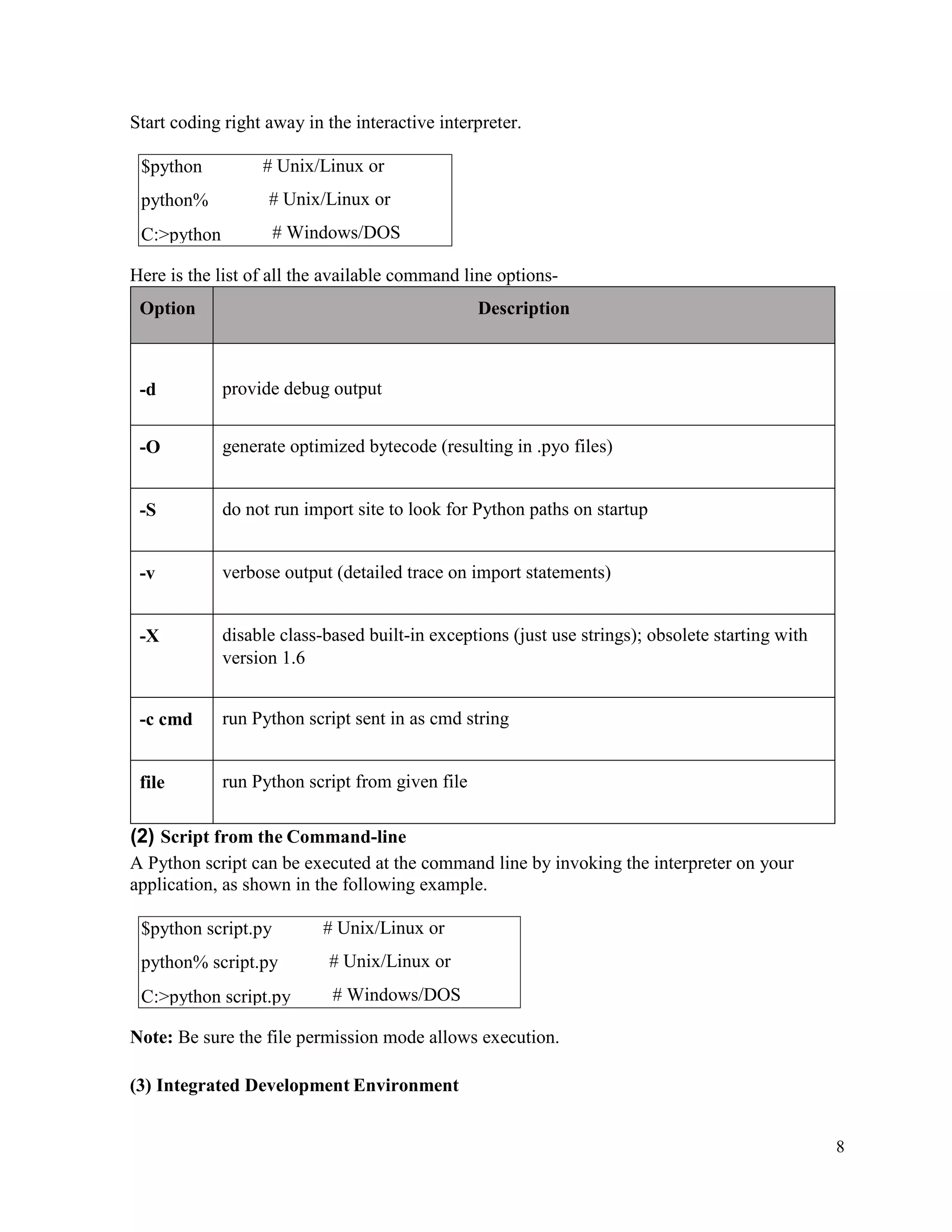 8
Start coding right away in the interactive interpreter.
Here is the list of all the available command line options-
Option Description
-d provide debug output
-O generate optimized bytecode (resulting in .pyo files)
-S do not run import site to look for Python paths on startup
-v verbose output (detailed trace on import statements)
-X disable class-based built-in exceptions (just use strings); obsolete starting with
version 1.6
-c cmd run Python script sent in as cmd string
file run Python script from given file
(2) Script from the Command-line
A Python script can be executed at the command line by invoking the interpreter on your
application, as shown in the following example.
Note: Be sure the file permission mode allows execution.
(3) Integrated Development Environment
$python
python%
C:>python
# Unix/Linux or
# Unix/Linux or
# Windows/DOS
$python script.py
python% script.py
C:>python script.py
# Unix/Linux or
# Unix/Linux or
# Windows/DOS
 