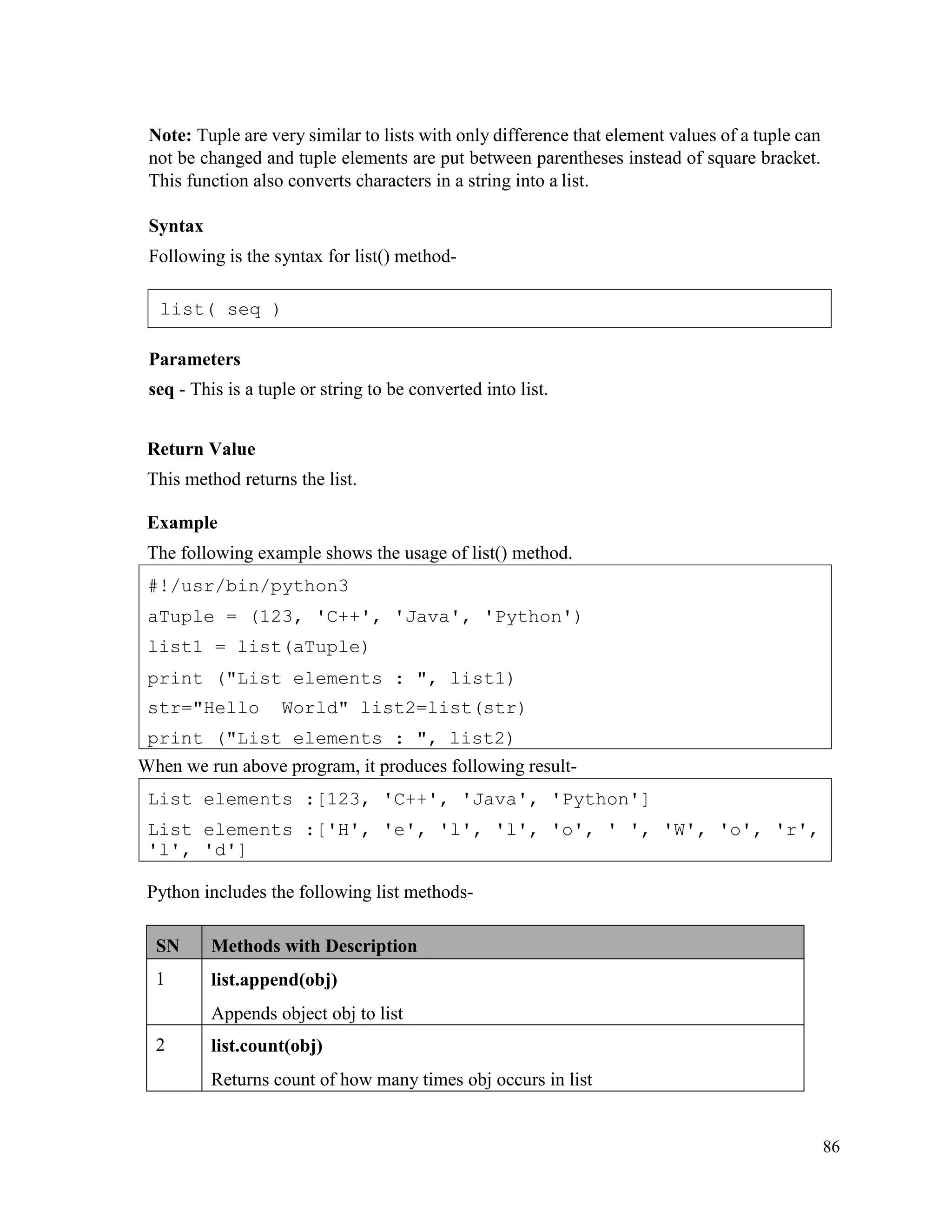 86
Note: Tuple are very similar to lists with only difference that element values of a tuple can
not be changed and tuple elements are put between parentheses instead of square bracket.
This function also converts characters in a string into a list.
Syntax
Following is the syntax for list() method-
Parameters
seq - This is a tuple or string to be converted into list.
Return Value
This method returns the list.
Example
The following example shows the usage of list() method.
When we run above program, it produces following result-
Python includes the following list methods-
SN Methods with Description
1 list.append(obj)
Appends object obj to list
2 list.count(obj)
Returns count of how many times obj occurs in list
List elements :[123, 'C++', 'Java', 'Python']
List elements :['H', 'e', 'l', 'l', 'o', ' ', 'W', 'o', 'r',
'l', 'd']
#!/usr/bin/python3
aTuple = (123, 'C++', 'Java', 'Python')
list1 = list(aTuple)
print ("List elements : ", list1)
str="Hello World" list2=list(str)
print ("List elements : ", list2)
list( seq )
 