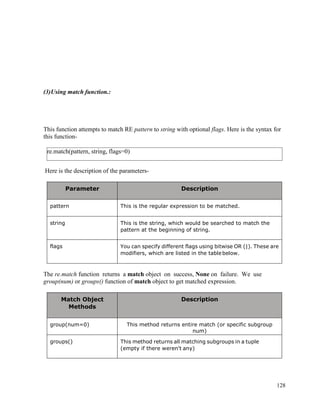 128
(3)Using match function.:
This function attempts to match RE pattern to string with optional flags. Here is the syntax for
this function-
Here is the description of the parameters-
Parameter Description
pattern This is the regular expression to be matched.
string This is the string, which would be searched to match the
pattern at the beginning of string.
flags You can specify different flags using bitwise OR (|). These are
modifiers, which are listed in the tablebelow.
The re.match function returns a match object on success, None on failure. We use
group(num) or groups() function of match object to get matched expression.
Match Object
Methods
Description
group(num=0) This method returns entire match (or specific subgroup
num)
groups() This method returns all matching subgroups in a tuple
(empty if there weren't any)
re.match(pattern, string, flags=0)
 