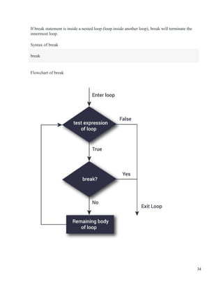 34
If break statement is inside a nested loop (loop inside another loop), break will terminate the
innermost loop.
Syntax of break
Flowchart of break
break
 