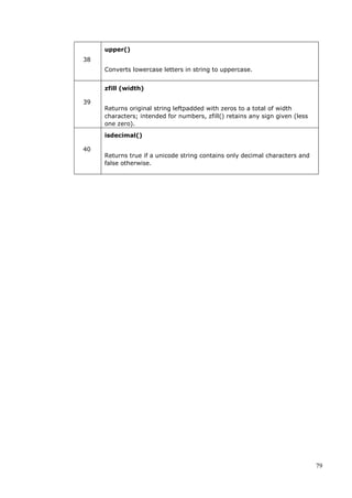 79
38
upper()
Converts lowercase letters in string to uppercase.
39
zfill (width)
Returns original string leftpadded with zeros to a total of width
characters; intended for numbers, zfill() retains any sign given (less
one zero).
40
isdecimal()
Returns true if a unicode string contains only decimal characters and
false otherwise.
 