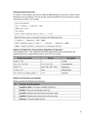 83
Deleting elements from List :
To remove a list element, you can use either the del statement if you know exactly which
element(s) you are deleting. You can use the remove() method if you do not know exactly
which items to delete. For example-
When the above code is executed, it produces the following result-
Built-in List Operators, Concatenation, Repetition, In Operator :
Lists respond to the + and * operators much like strings; they mean concatenation and
repetition here too, except that the result is a new list, not a string.
Python Expression Results Description
len([1, 2, 3]) 3 Length
[1, 2, 3] + [4, 5, 6] [1, 2, 3, 4, 5, 6] Concatenation
['Hi!'] * 4 ['Hi!', 'Hi!', 'Hi!', 'Hi!'] Repetition
3 in [1, 2, 3] True Membership
for x in [1,2,3] : print (x,end=' ') 1 2 3 Iteration
Built-in List functions and methods :
Python includes the following list functions :
SN Function with Description
1 cmp(list1, list2) : No longer available in Python 3.
2 len(list) : Gives the total length of the list.
3 max(list) : Returns item from the list with max value.
4 min(list) : Returns item from the list with min value.
5 list(seq) : Converts a tuple into list.
['physics', 'chemistry', 1997, 2000]
After deleting value at index 2 : ['physics', 'chemistry', 2000]
Note: remove() method is discussed in subsequent section.
#!/usr/bin/python3
list = ['physics', 'chemistry', 1997,
2000] print (list)
del list[2]
print ("After deleting value at index 2 : ", list)
 
