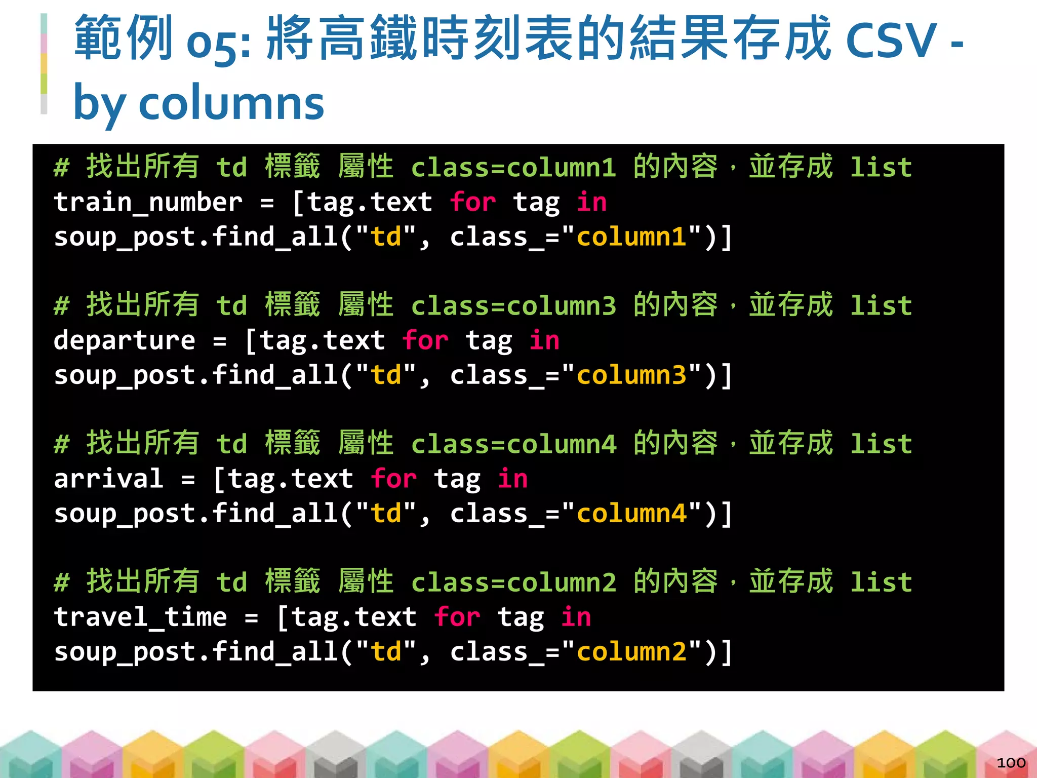 範例 05: 將高鐵時刻表的結果存成 CSV -
by columns
101
# 建立 DataFrame，把 dictionary 放入，並指定 columns 順序
highway_df = pd.DataFrame(
{"車次":train_number,
"出發時間":departure,
"抵達時間":arrival,
"行車時間":travel_time},
columns = ["車次", "出發時間", "抵達時間", "行車時間"])
 