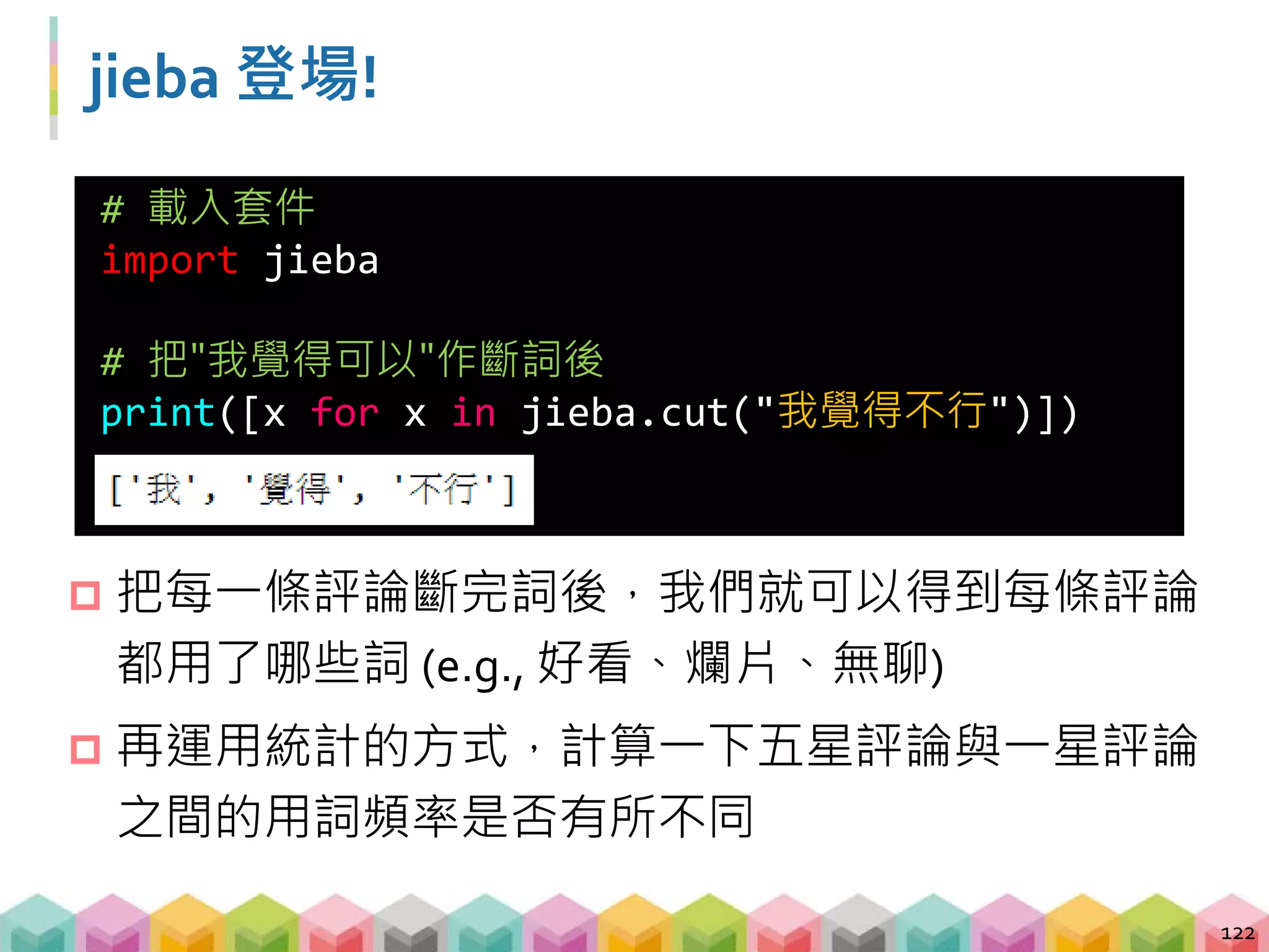 文字雲的應用
 經過斷詞後，我們得到了詞彙在評論中出現的頻率
，透過 WordCloud 這個套件可以呈現出這樣的結果
123
 