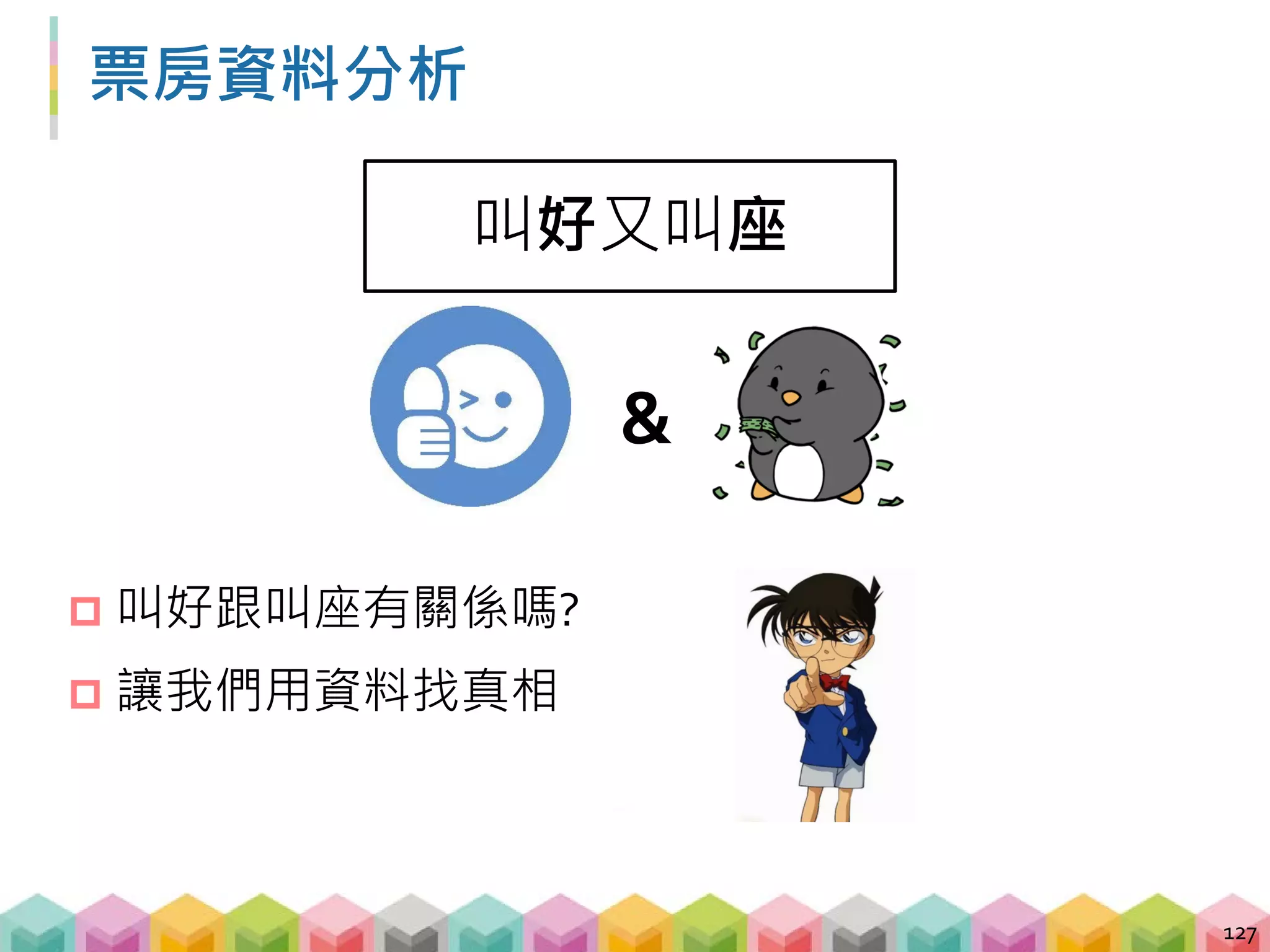 用平均星等來預測票房
 將電影所有的評論星等作平均，即可獲得該電影的
平均評價
 透過 Linear Regression，來探討平均星等與票房之
間的關係
128
預測
 