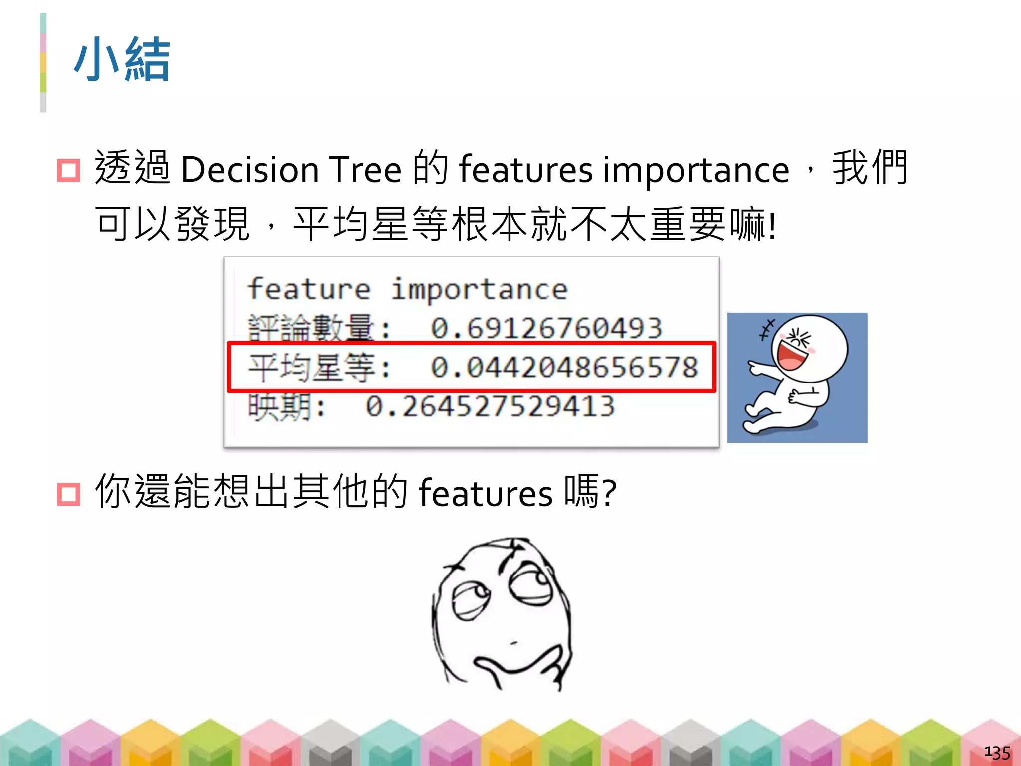 上午我們學到了…
 運用 BeautifulSoup 解析 HTML 網頁
 運用 requests 發送 GET, POST 請求
 運用 regular expression 尋找目標資訊
 運用 pandas 將抓到的資訊儲存為表格
 運用 sklearn, matplotlib, wordcloud 做簡單的資料分析
136
requests.get("website"), requests.post("website", form_data)
soup = BeautifulSoup(response.text), soup.find_all()
re.findall(pattern, test_string)
DataFrame.to_csv(file_path)
 