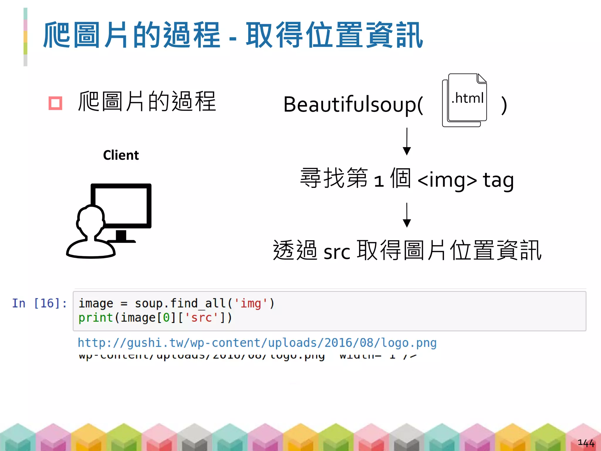  爬圖片的過程
爬圖片的過程 - 取得圖片
145
request request
Client Server
http://gushi.tw/wp-
content/uploads/2016/08/logo.png
img img
 