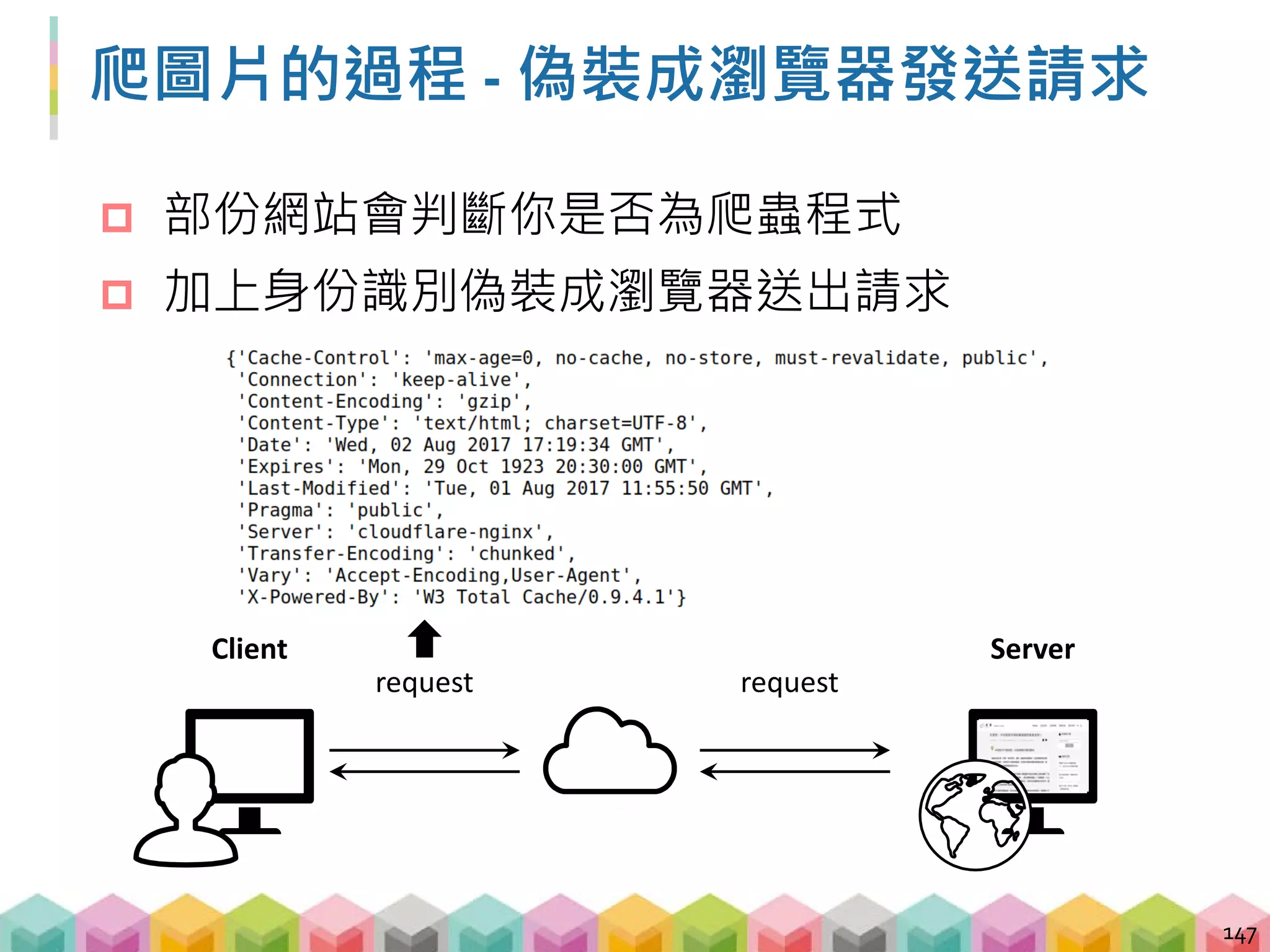 身份識別 User-Agent
 敘述瀏覽器使用的系統, 平台, 版本等資訊的字串
 瀏覽器開發者工具 > Network
148
 