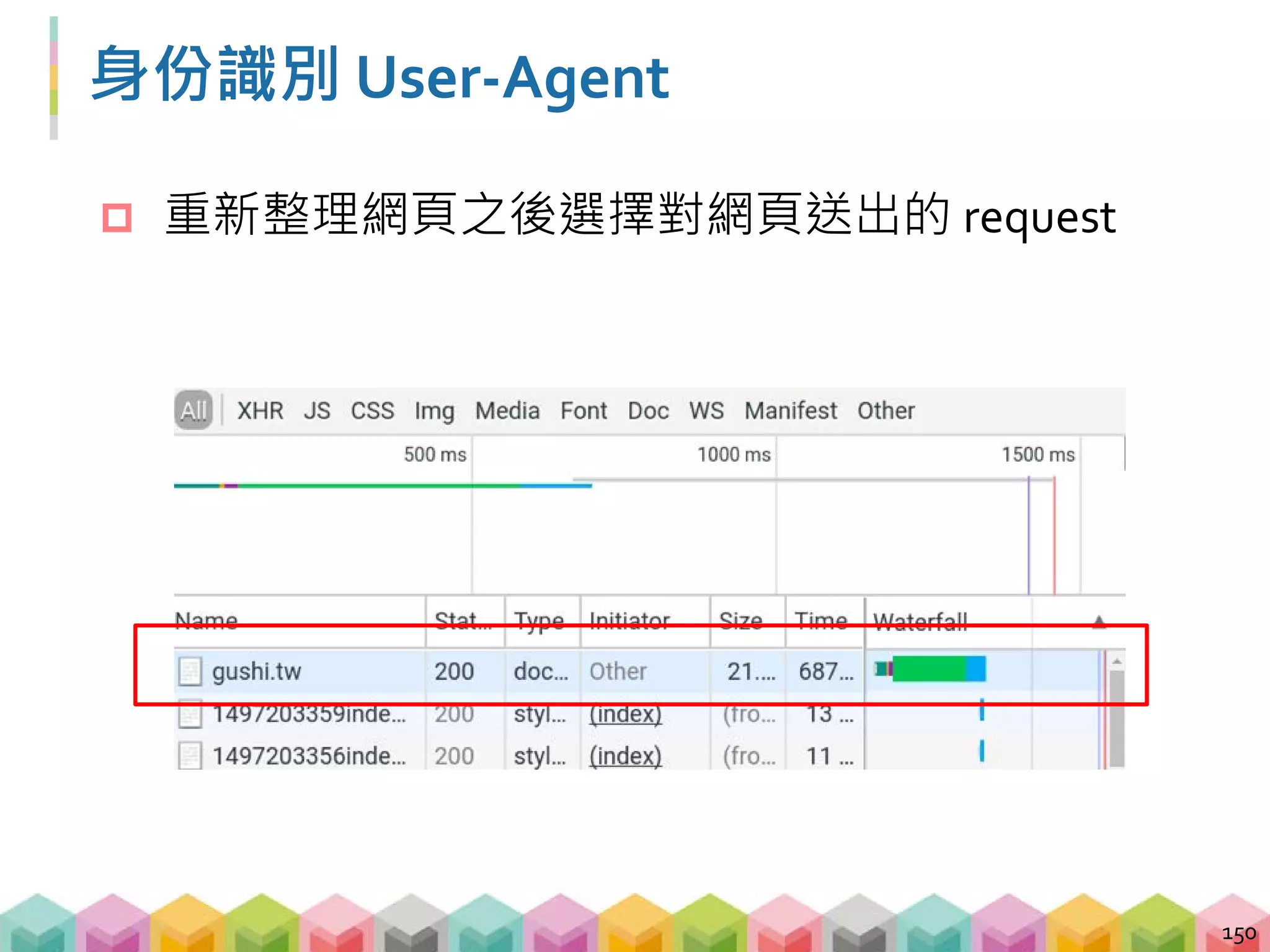 身份識別 User-Agent
 檢查 Headers 欄位中的 Request Headers
151
 