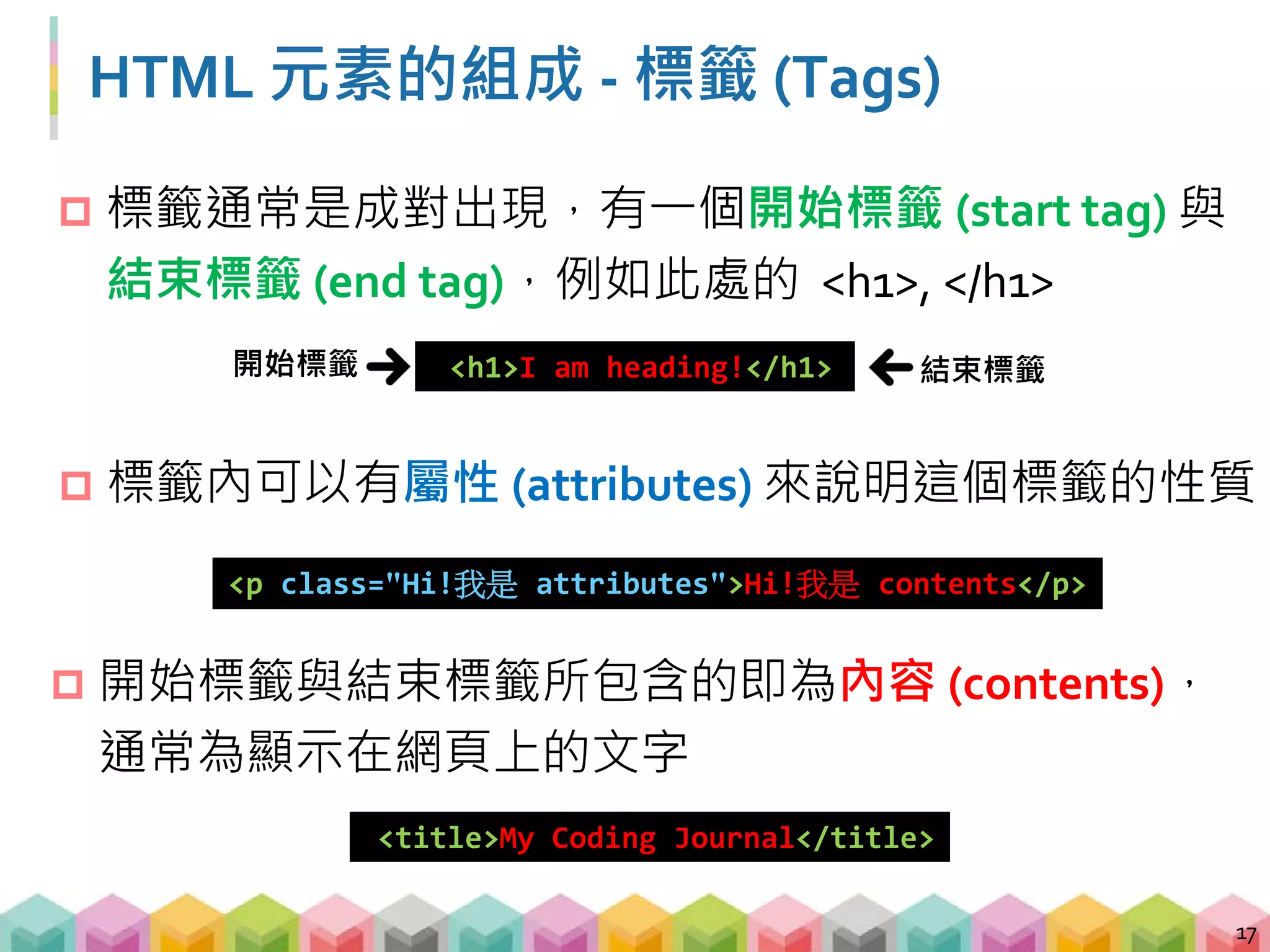 常見的標籤 (Tags)
標籤名稱 用途
<h1> - <h6> 標題
<p> 段落
<a> 超連結
<table> 表格
<tr> 表格內的 row
<td> 表格內的 cell
<br/> 換行 (無結束標籤)
18
 