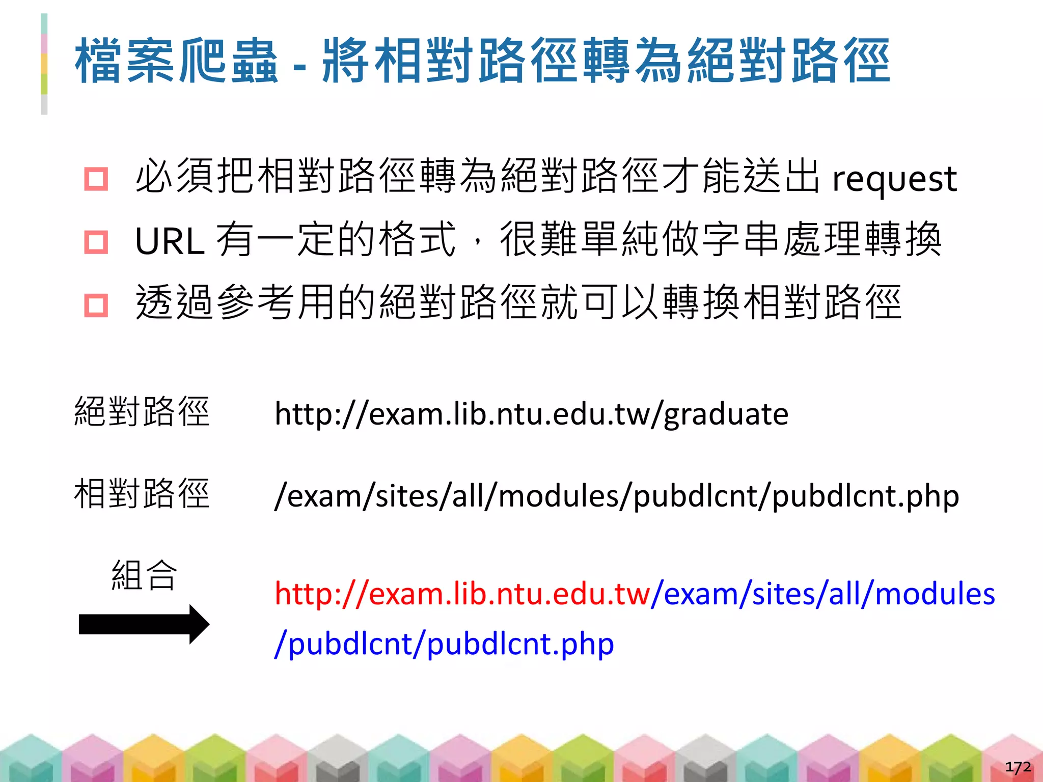 檔案爬蟲 - 取得絕對位置
 透過 urllib.parse.urljoin 取得絕對位置
 當前網頁的 URL 最適合拿來做參考用的絕對路徑
173
from urllib.parse import urljoin
print(urljoin(絕對路徑, 相對路徑))
 