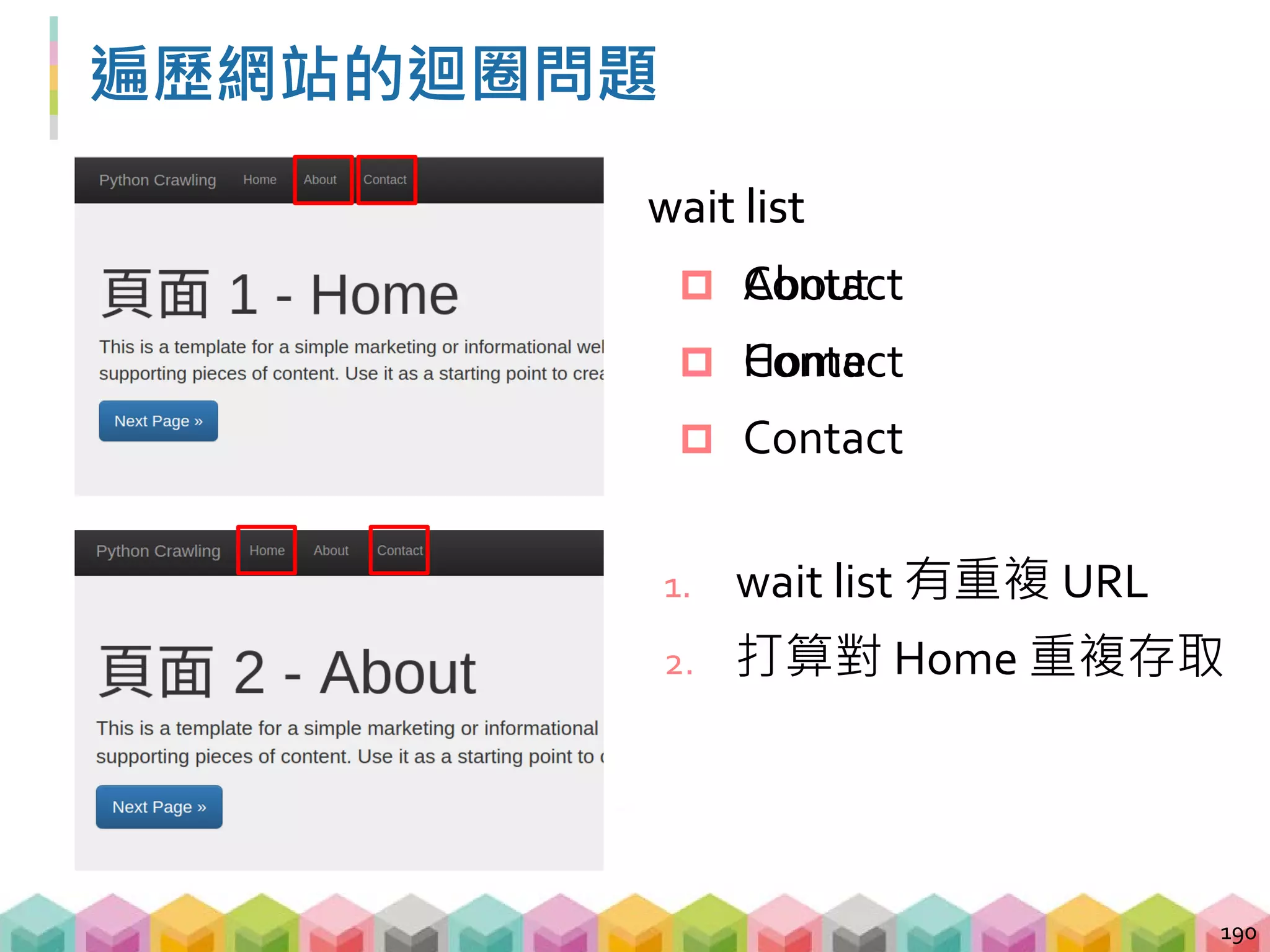 解決遍歷網站的迴圈問題
 建立一個已經送過 request 的清單 viewed_list
 wait_list 裏面也不能有重複的 URL
191
viewed_list = []
# 將送過 request 的網址存入 viewed_list
viewed_list.append(url)
# 檢查新網址沒有出現在 wait_list 與 viewed_list
if new_url not in wait_list and new_url not in
viewed_list:
wait_list.append(new_url)
 