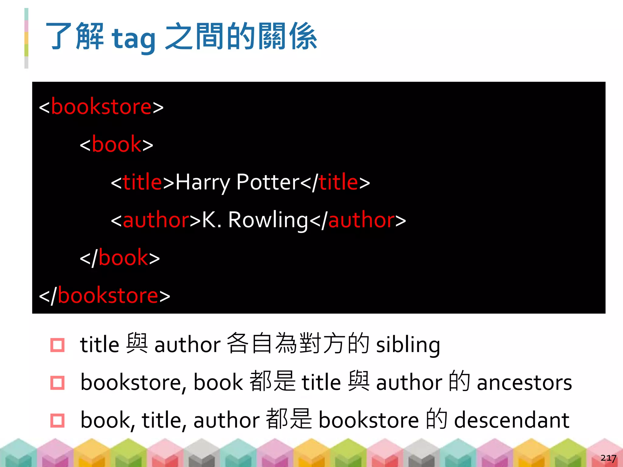 Selenium 定位 tag - XPath
 Selenium 還可透過類似路徑寫法的 XPath 定位
tag
218
語法 意義
/ 從 root 開始選擇
// 從任何地方開始選擇
. 選擇當下這個 node
.. 選擇當下這個 node 的 parent node
@ 選擇 attribute
* 選擇任何 node
| OR
 