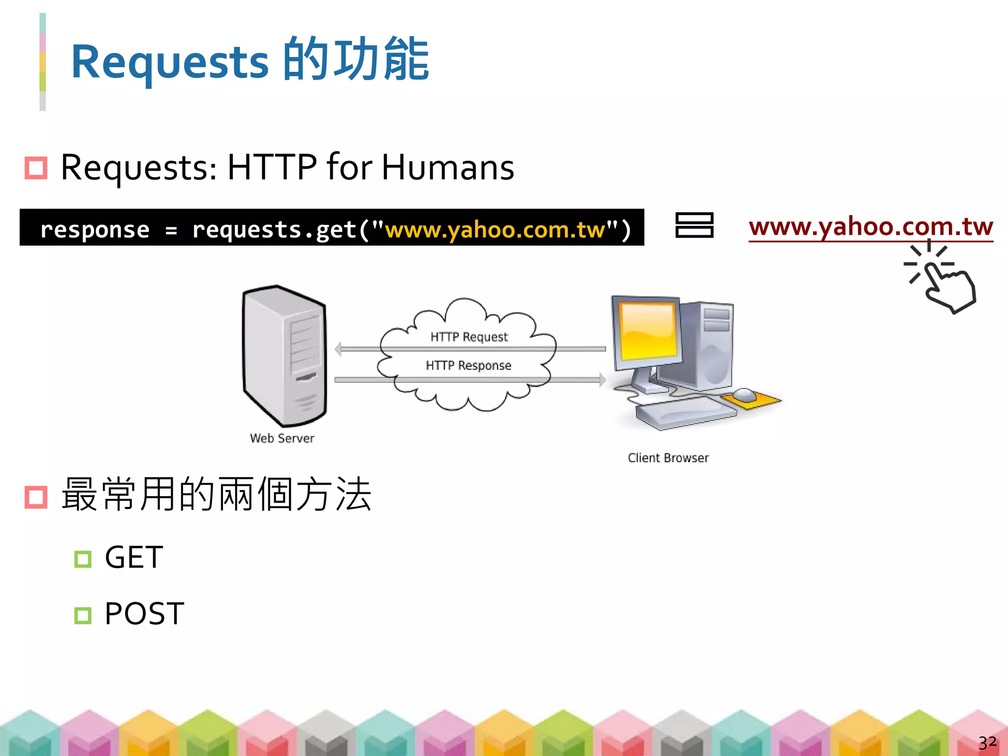 Requests 的常用函數
 response.status_code
 200
 403 Forbidden
 404 Not Found
 response.encoding
 如果是中文網站要特別注意編碼的問題
 response.text
 目標網頁的 HTML 文字
33
 