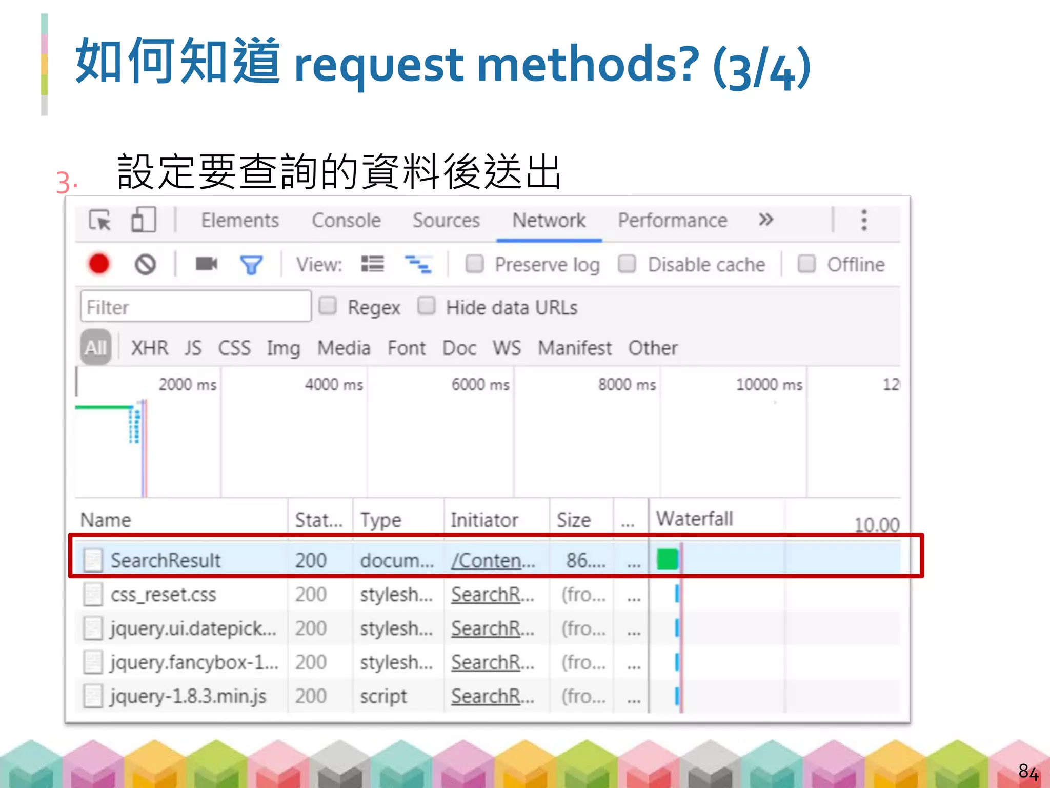 如何知道 request methods? (4/4)
4. 上方的標籤選 Headers, 可以看到 Request Method 是
POST!
85
 