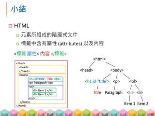小結
 requests
 GET, POST
 BeautifulSoup
 find_all(tags, attributes)
 regular expression
 find_all(tags, {attributes: "your_re"})
108
 