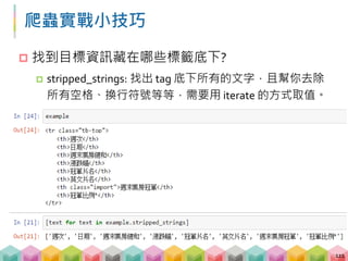 爬蟲實戰小技巧
 如何找出沒有任何屬性的標籤?
112
 如何對 list 做 loop，同時增加 index 值?
 