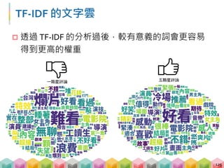 文字探勘
 只要有 Data，不怕沒得玩
 換套斷詞方式 (中研院斷詞系統 )
 word2vec (詞向量)
 工商服務時間
 09/03 (日) 無所不在的自然語言處理—基礎概念、技術與
工具介紹
 本課程為自然語言處理的基礎課程，具程式背景，有撰
寫爬蟲經驗者較能進入狀況
126
天
地
溫拿
魯蛇
 