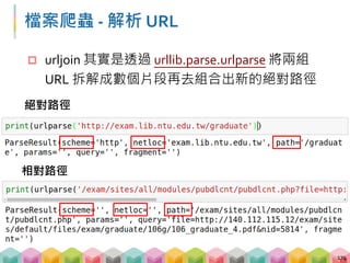 練習 02-1: 檔案下載與 URL 轉換 (5 ~ 8 mins)
目標程式：02_1_observe_urljoin.py
目標：觀察不同的情況透過 urljoin 的結果
 開頭有無斜線與兩條斜線的差別
 不斷回到上一層的結果
175
print(urljoin(response.url, '105g/'))
print(urljoin(response.url, '/105g/'))
print(urljoin(response.url, '//facebook.com'))
print(urljoin(response.url, '../'))
print(urljoin(response.url, '../../'))
 