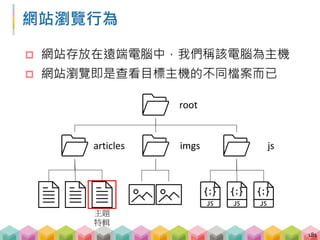 遍歷網站 - 從網頁連結到其他網頁
 透過開發者工具查看
 超連結即是 <a> tag
182
Home
主題
特輯
檢查 href 路徑之後送 request
(urljoin, requests)
取得主題特輯頁面
 