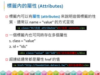 常見的屬性 (Attributes)
20
屬性名稱 意義
class 標籤的類別 (可重複)
id 標籤的 id (不可重複)
title 標籤的顯示資訊
style 標籤的樣式
data-* 自行定義新的屬性
 