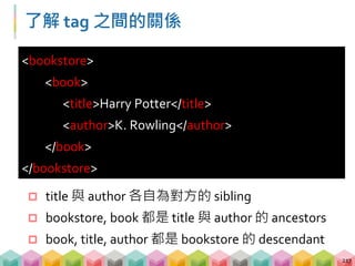 Selenium 定位 tag - XPath
 Selenium 還可透過類似路徑寫法的 XPath 定位
tag
218
語法 意義
/ 從 root 開始選擇
// 從任何地方開始選擇
. 選擇當下這個 node
.. 選擇當下這個 node 的 parent node
@ 選擇 attribute
* 選擇任何 node
| OR
 