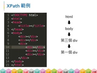 XPath 範例
 Beautifulsoup 寫法
 soup.find_all('div')[2].find_all('div')[0]
220
from selenium import webdriver
# 打開瀏覽器, 視窗最大化, 對目標網址送 request...
# 尋找一個 html > body > div[2] > div[0]
h2 = driver.find_element_by_xpath(
'/html/body/div[2]/div[0]')
 
