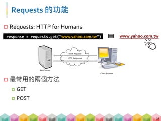 Requests 的常用函數
 response.status_code
 200
 403 Forbidden
 404 Not Found
 response.encoding
 如果是中文網站要特別注意編碼的問題
 response.text
 目標網頁的 HTML 文字
33
 