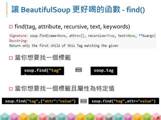 讓 BeautifulSoup 更好喝的函數 - find_all()
 一個 tag 不夠，想找多個怎麼辦?
 find_all() 可以幫上忙
 用法跟 find() 一樣，但是回傳的是 Python 的 list
39
[ , , ... ]
 
