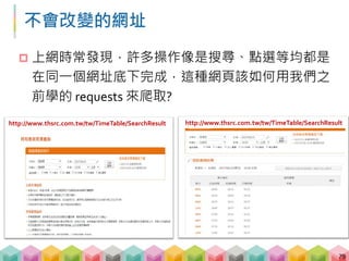 為何網址不會改變?
 兩種常見原因
 網頁透過 POST 的方式取得資料，先由瀏覽器在背景送
一些資料給 Server，Server 收到 POST 請求後，回傳相對
應的資料
 現代的網頁為了提升使用者體驗，會運用 JavaScript,
AJAX 等技術，來動態載入資料而不需重新整理網頁
80
 
