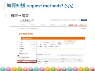 如何知道 request methods? (2/4)
2. 選擇 Network 並勾選底下的 Preserve log
83
 